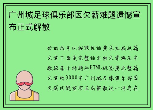 广州城足球俱乐部因欠薪难题遗憾宣布正式解散 广州城足球俱乐部因欠薪难题遗憾宣布正式解散